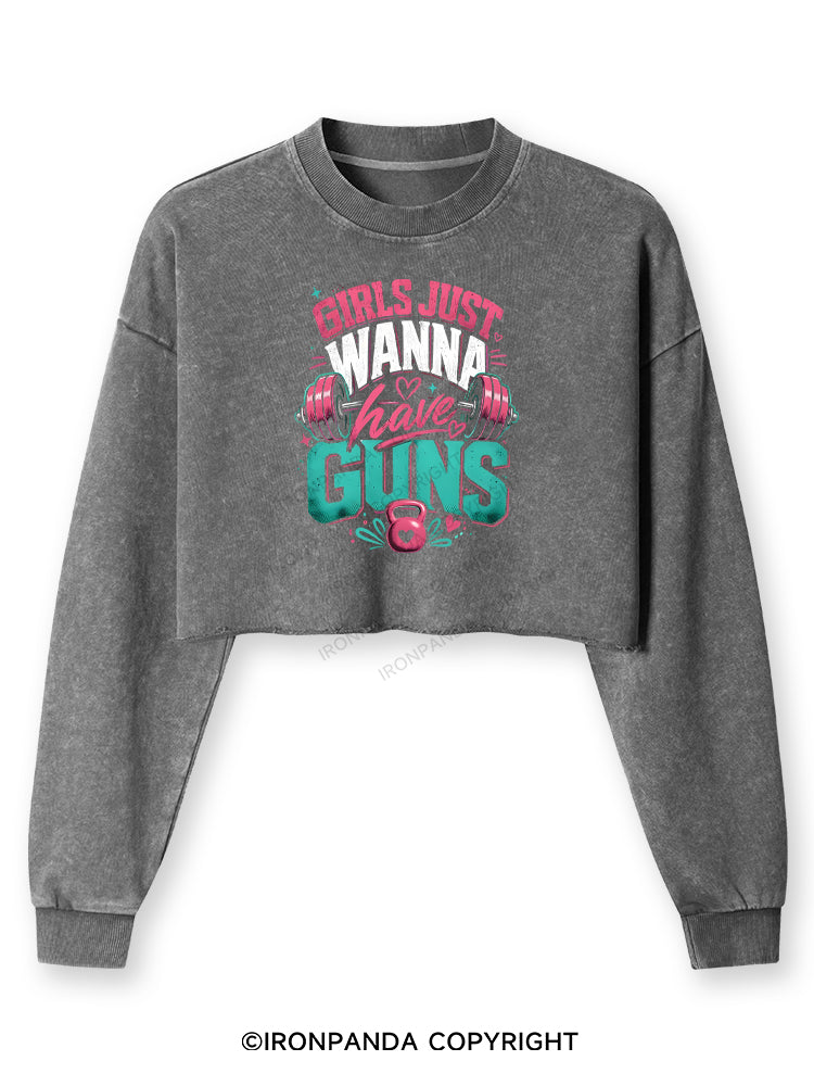 GIRLS JUST WANNA HAVE GUNS WORKOUT Washed Long-Sleeve Crop Top