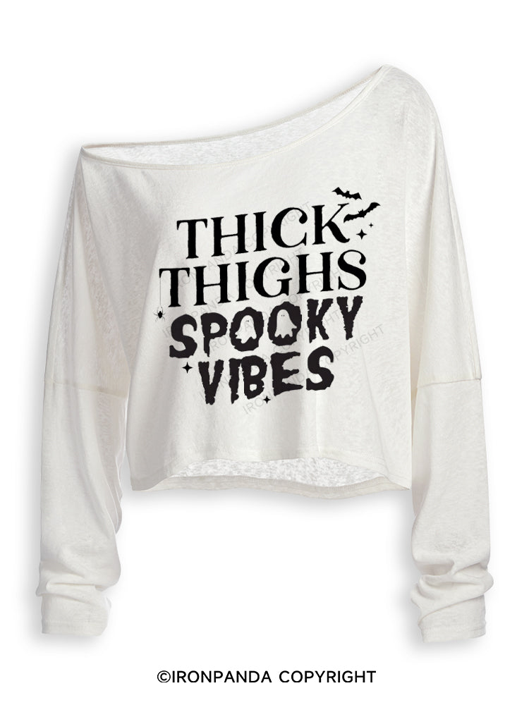 THICK THIGHS SPOOKY VIBES GHOST GYM Off Shoulder Long Sleeve Crop Top