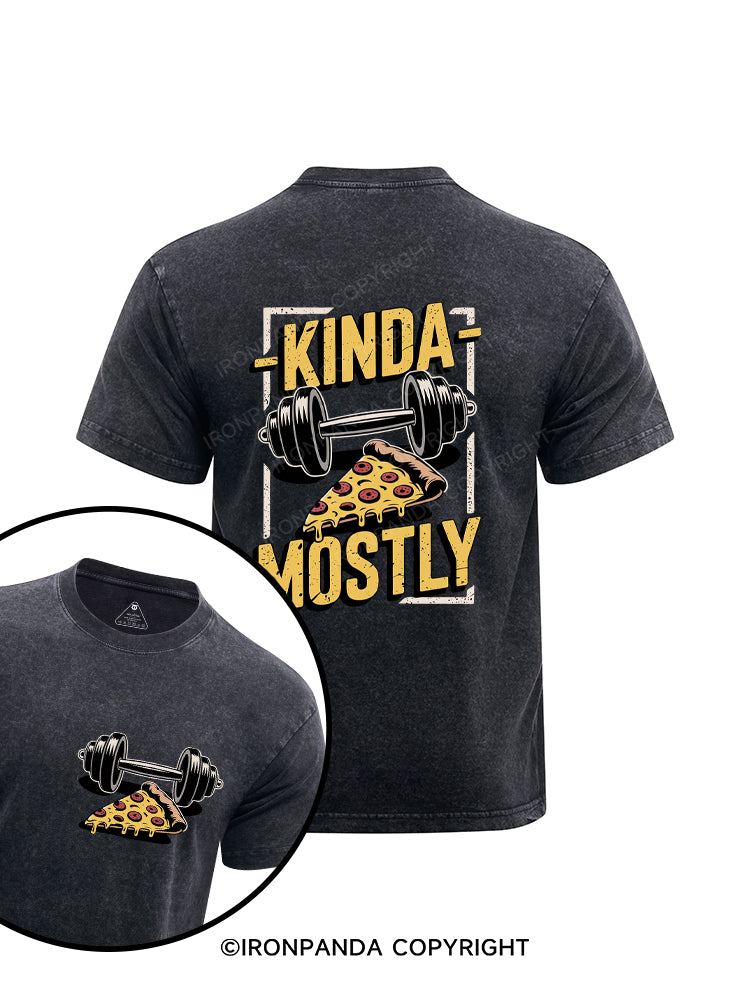 Kinda Fit Mostly Fat Pizza Printed Washed Gym Shirt