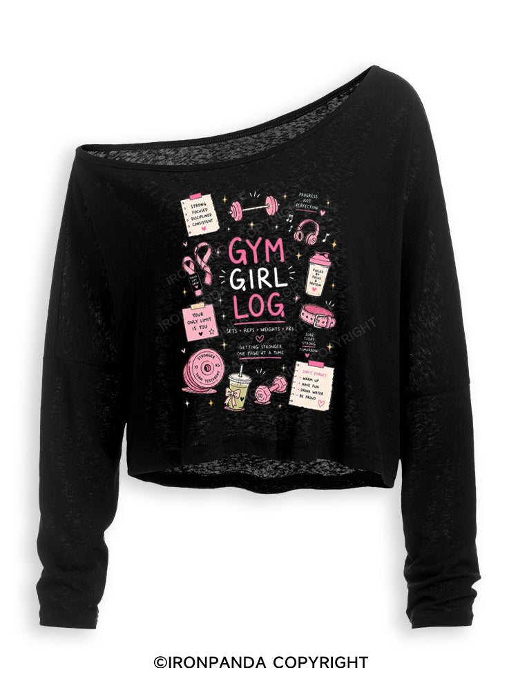 GYM GIRL LOG SETS REPS WEIGHTS PRS Off Shoulder Long Sleeve Crop Top