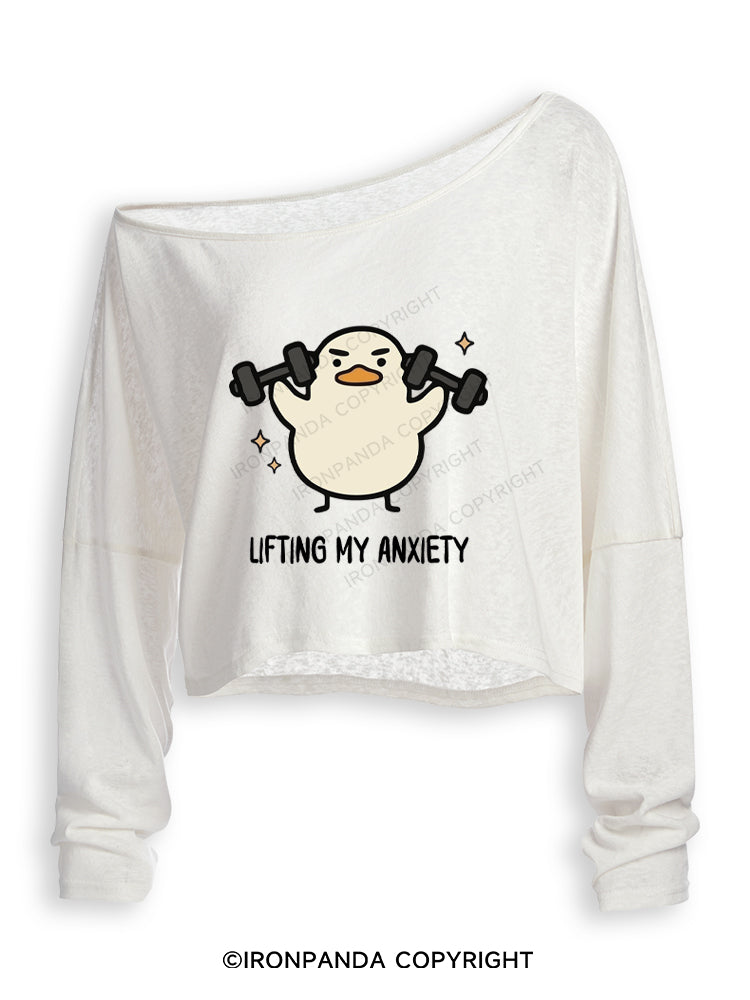 LIFTING MY ANXIETY WEIGHTLIFTING DUCK Off Shoulder Long Sleeve Crop Top