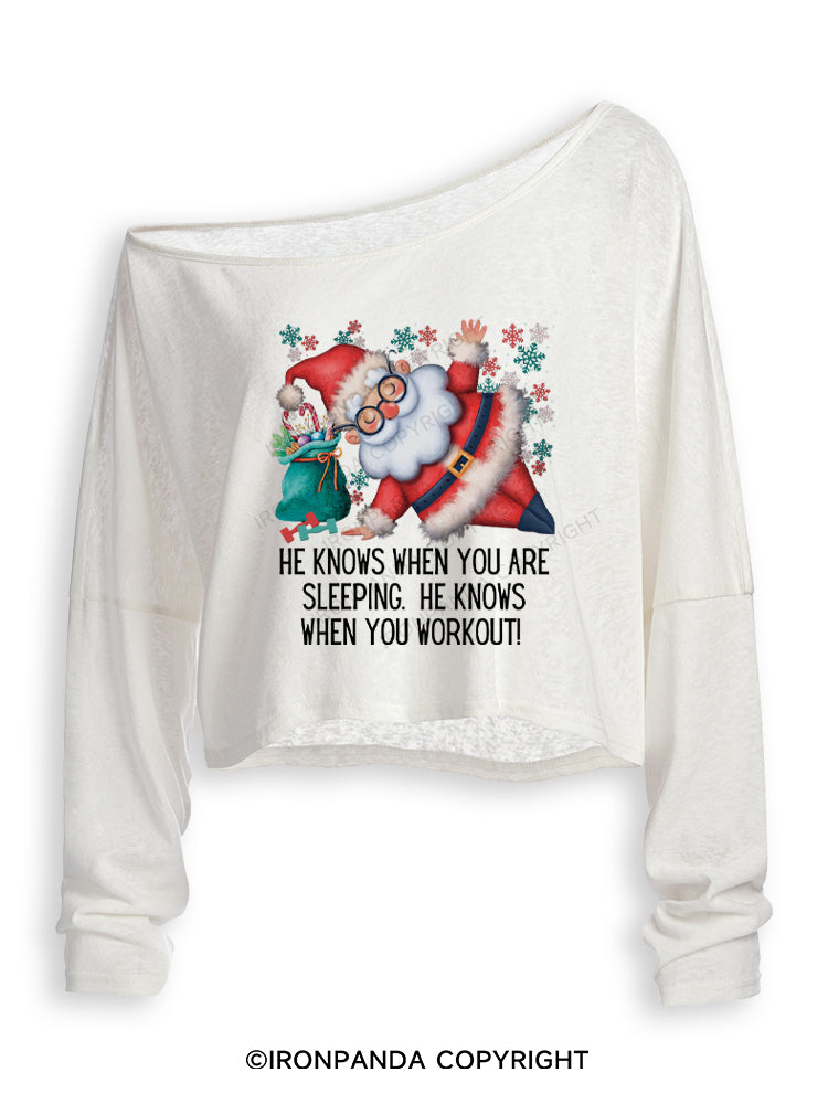 Funny Christmas Santa Knows When You Workout Off Shoulder Long Sleeve Crop Top