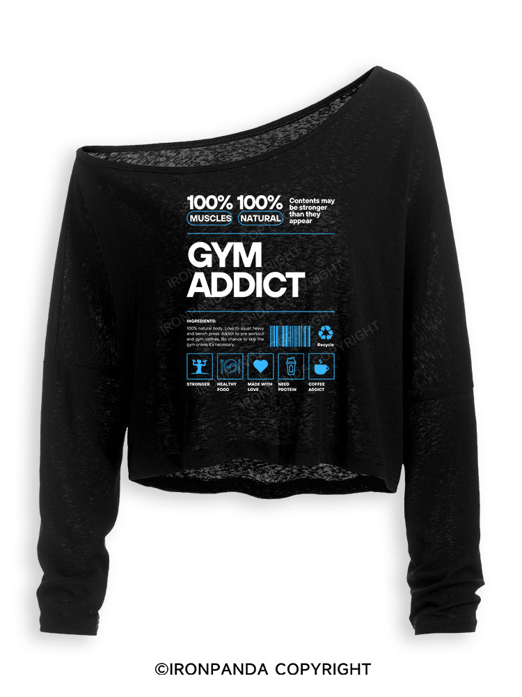 GYM ADDICT 100% MUSCLES 100% NATURAL Off Shoulder Long Sleeve Crop Top