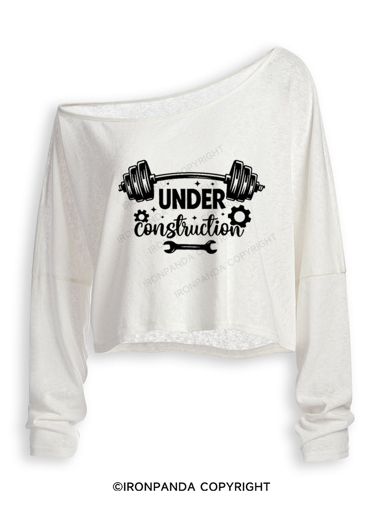 UNDER CONSTRUCTION FUNNY WORKOUT Off Shoulder Long Sleeve Crop Top