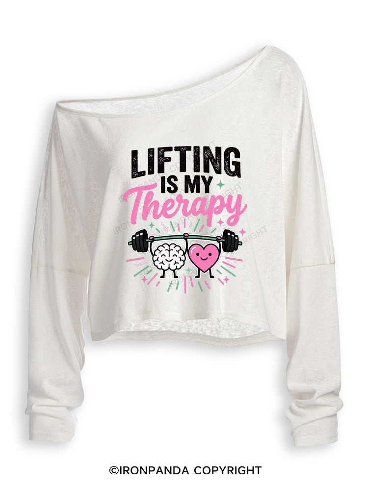 Lifting Is My Therapy Off Shoulder Long Sleeve Crop Top