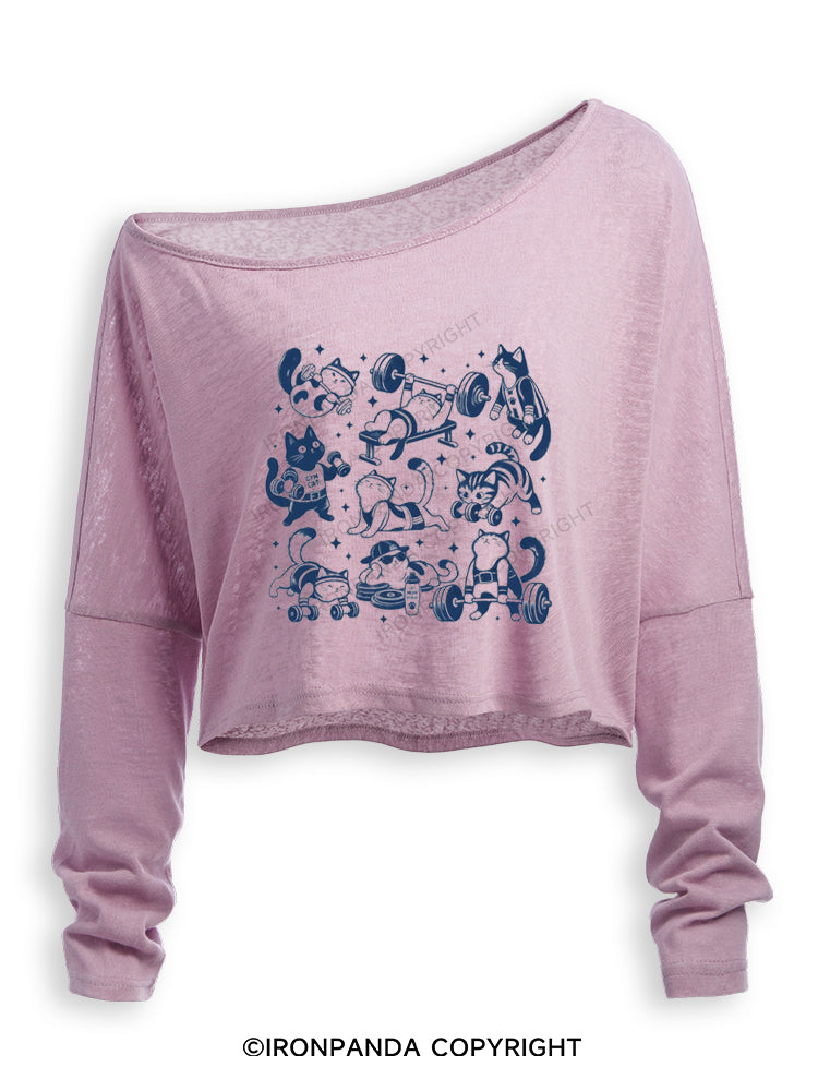 CUTE CAT LIFTING CLUB Off Shoulder Long Sleeve Crop Top