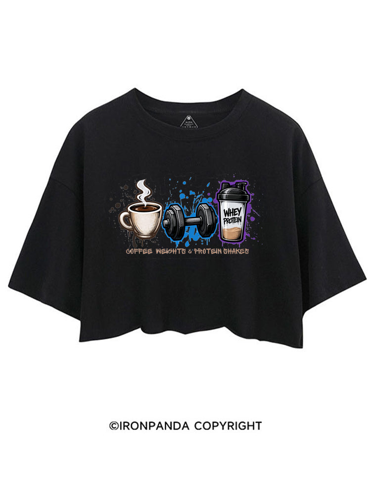 COFFEE WEIGHTS & PROTEIN SHAKES FUNNY GYM CROP TOPS