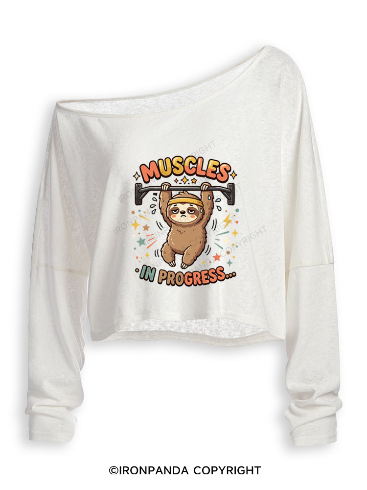 MUSCLES IN PROGRESS FUNNY SLOTH Off Shoulder Long Sleeve Crop Top