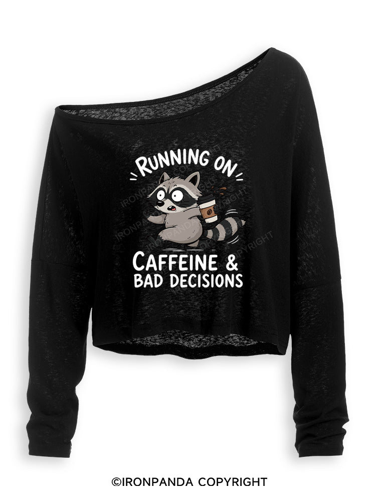 Running On Caffeine And Bad Decisions Funny Raccoon Off Shoulder Long Sleeve Crop Top