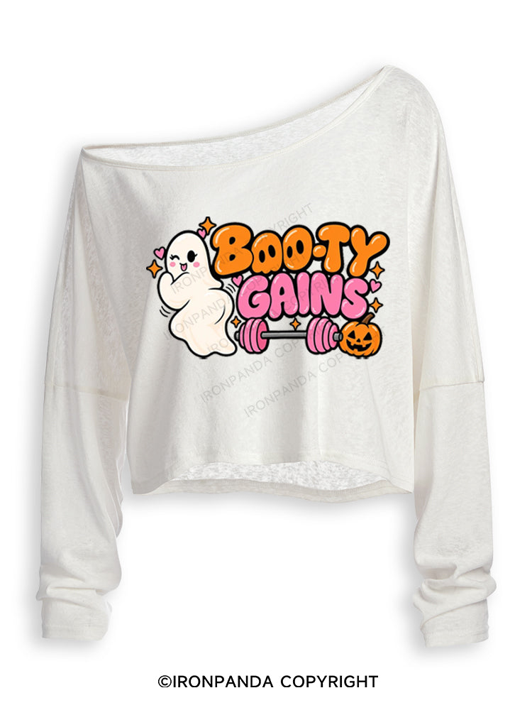 BOO-TY GAINS CUTE GHOST HALLOWEEN Off Shoulder Long Sleeve Crop Top