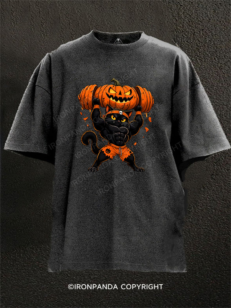 Halloween Black Cat Lifting Pumpkin Washed Gym Shirt