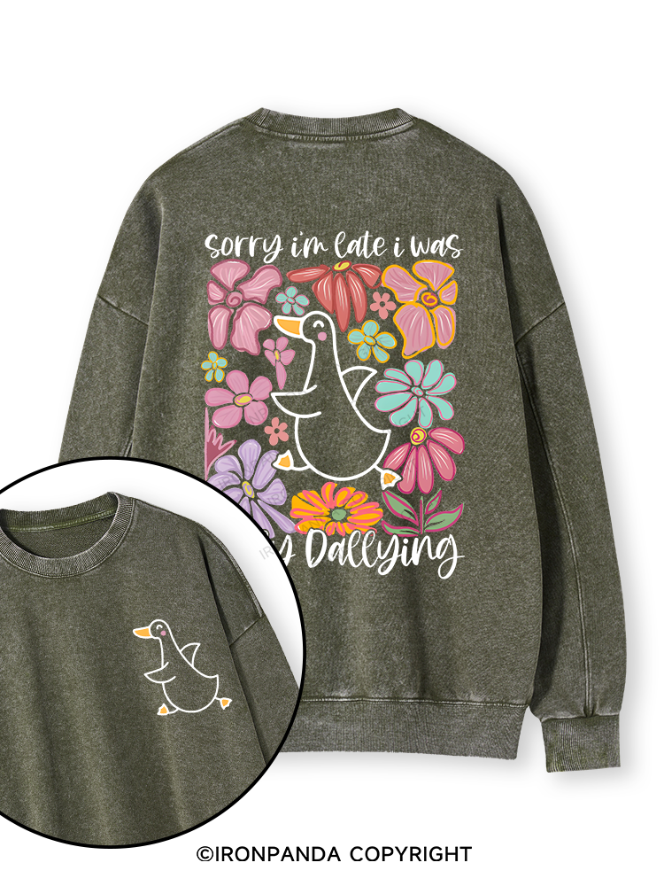 Sorry I'm late I was dilly dallying Double-Sided Printed Washed Sweatshirt