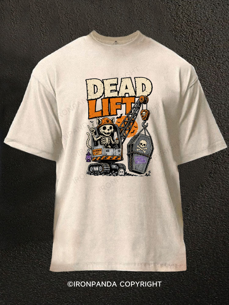 Dead Lift Skeleton Cat Crane Powerlifting Washed Gym Shirt