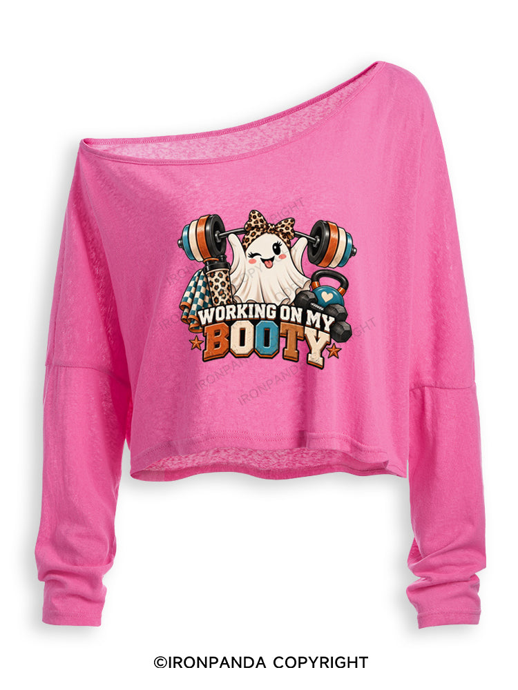 WORKING ON MY BOOTY STRONG PRETTY GHOST Off Shoulder Long Sleeve Crop Top