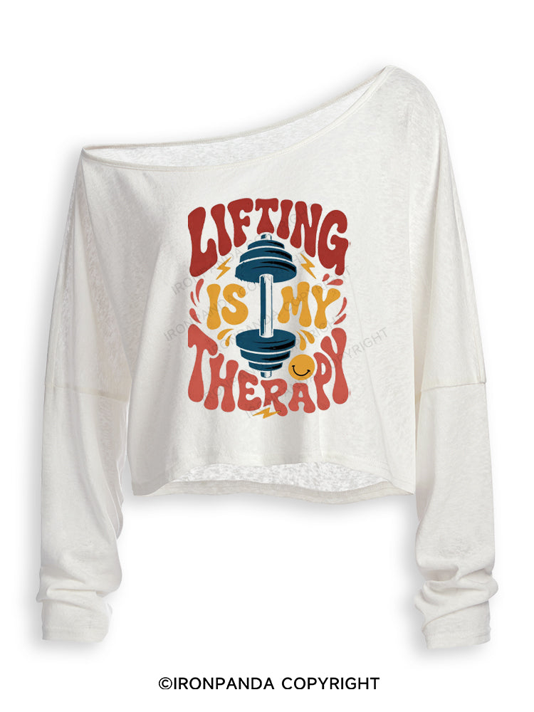 LIFTING IS MY THERAPY FUNNY WORKOUT Off Shoulder Long Sleeve Crop Top