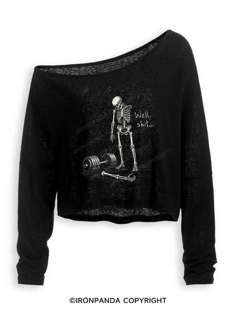 Well Shit Skeleton Weightlifting Off Shoulder Long Sleeve Crop Top