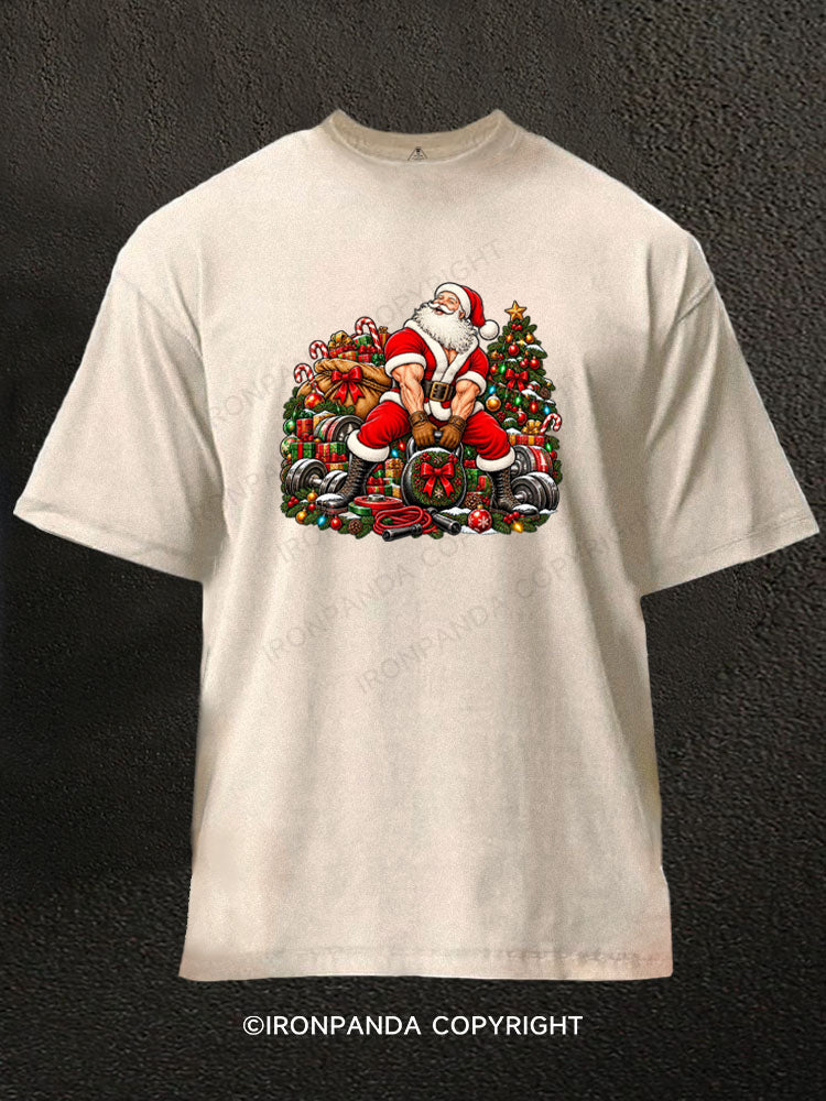 Muscular Santa Kettlebell Washed Gym Shirt
