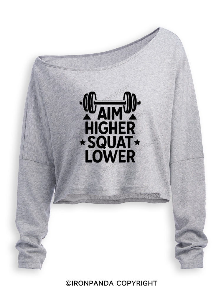 AIM HIGHER SQUAT LOWER POSITIVE GYM Off Shoulder Long Sleeve Crop Top