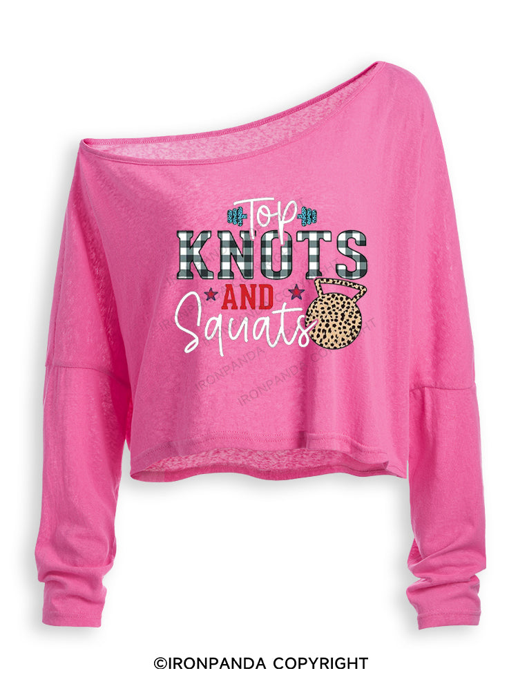 TOP KNOTS AND SQUATS FUNNY GYM Off Shoulder Long Sleeve Crop Top