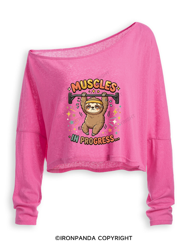 MUSCLES IN PROGRESS FUNNY SLOTH Off Shoulder Long Sleeve Crop Top