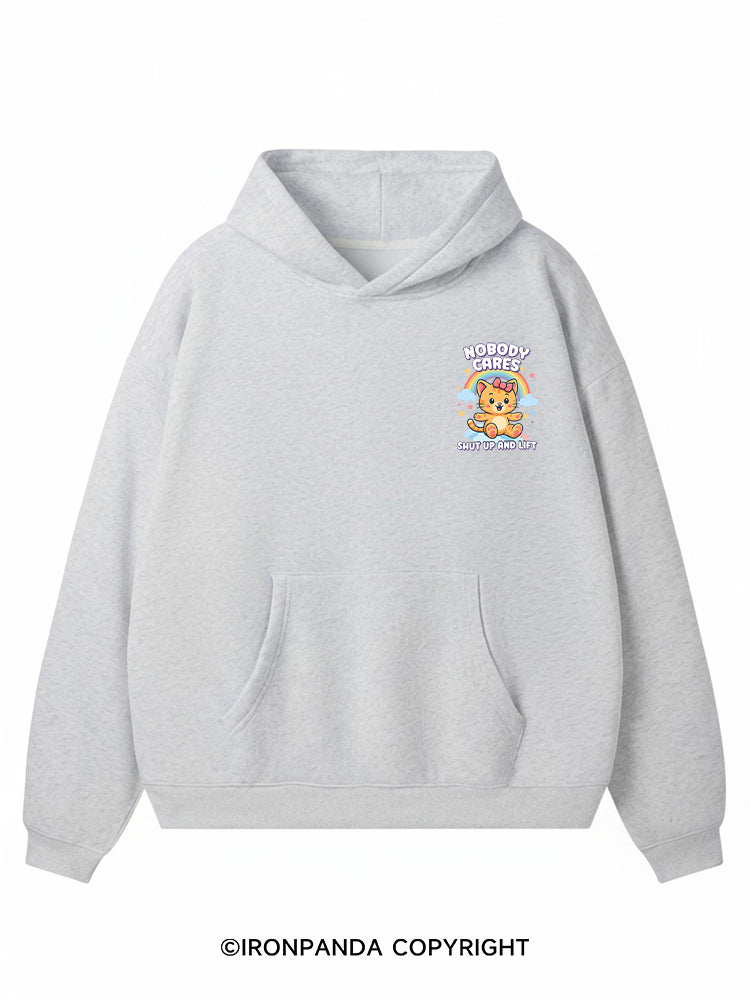 NOBODY CARES — SHUT UP AND LIFT Premium Fleece Gym Hoodie