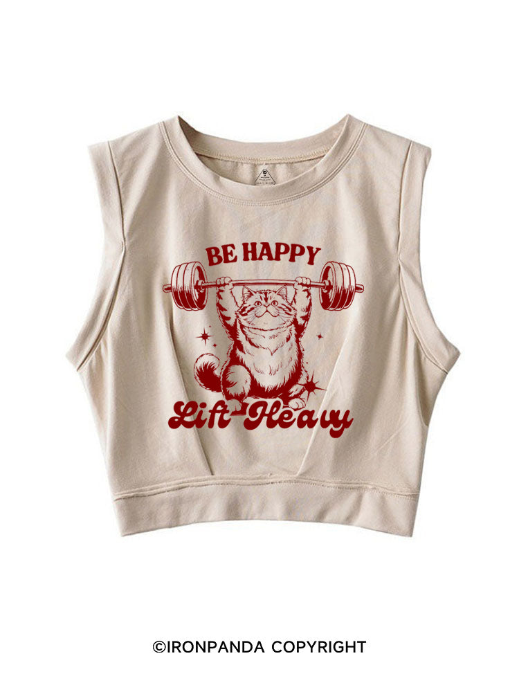 BE HAPPY LIFT HEAVY FUNNY CUTE KITTY SLEEVELESS CROP TOPS