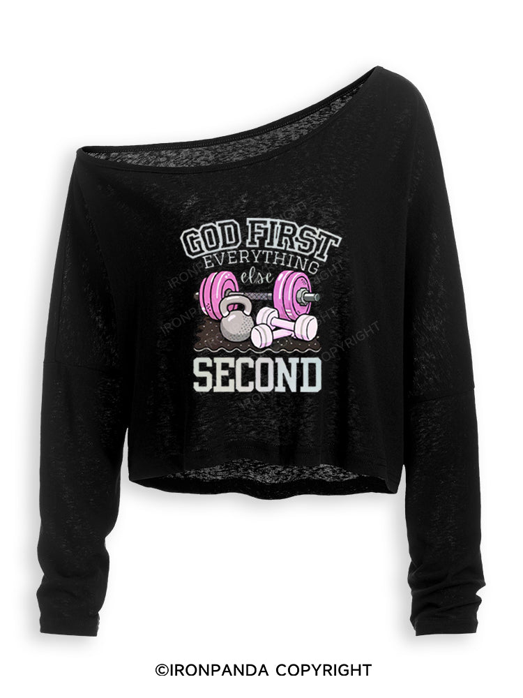 GOD FIRST EVERYTHING ELSE SECOND Off Shoulder Long Sleeve Crop Top