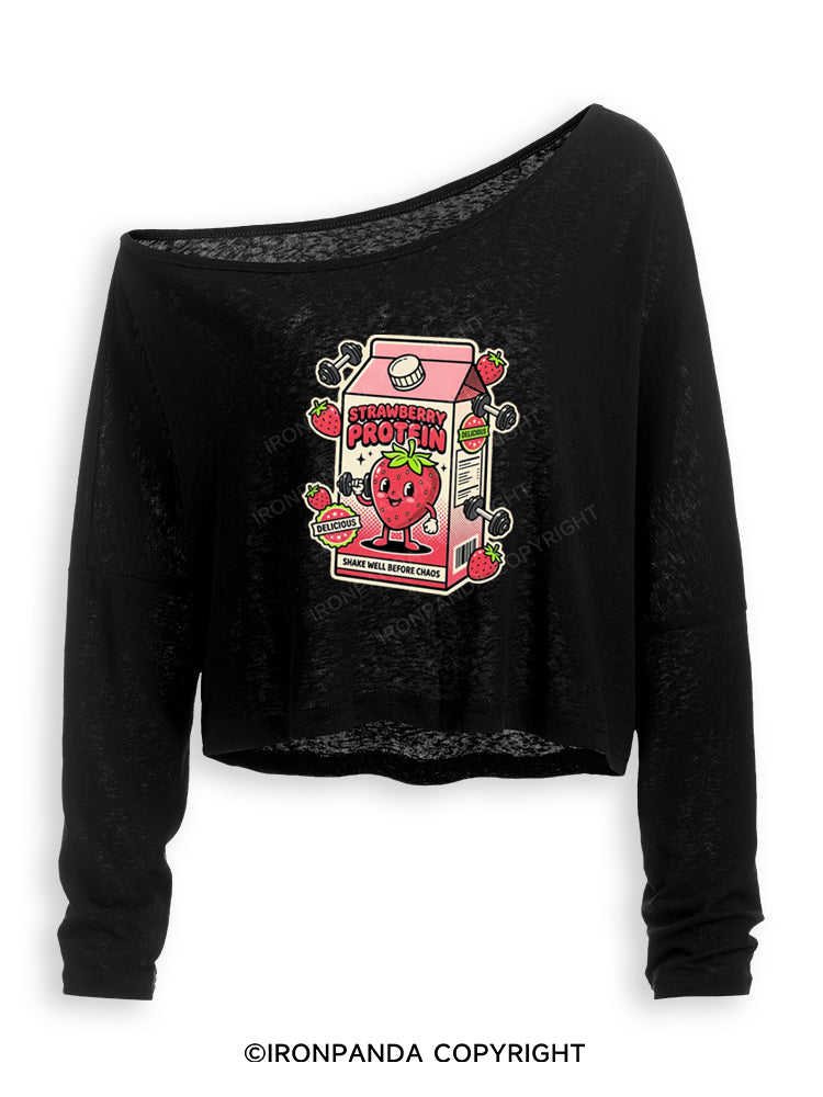 STRAWBERRY PROTEIN SHAKE WELL BEFORE CHAOS Off Shoulder Long Sleeve Crop Top