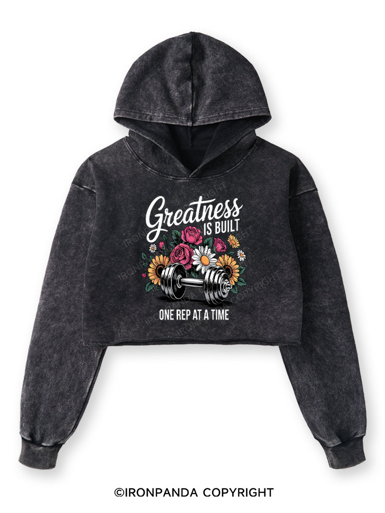 GREATNESS IS BUILT ONE REP AT A TIME  color Washed Crop Hoodie