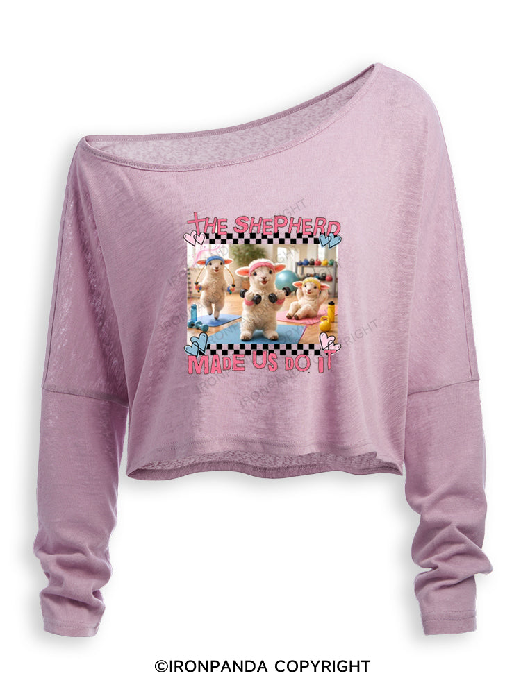 THE SHEPHERD MADE US DO IT GYM CHRISTIAN Off Shoulder Long Sleeve Crop Top