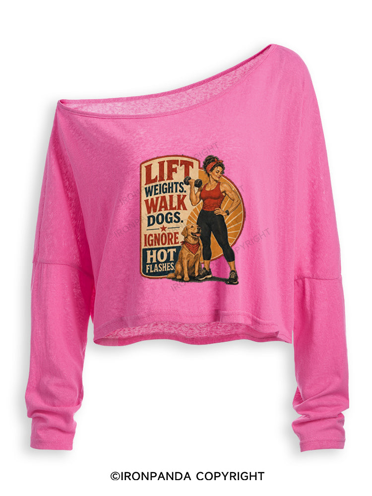 LIFT WEIGHTS WALK DOGS RETRO FITNESS Off Shoulder Long Sleeve Crop Top