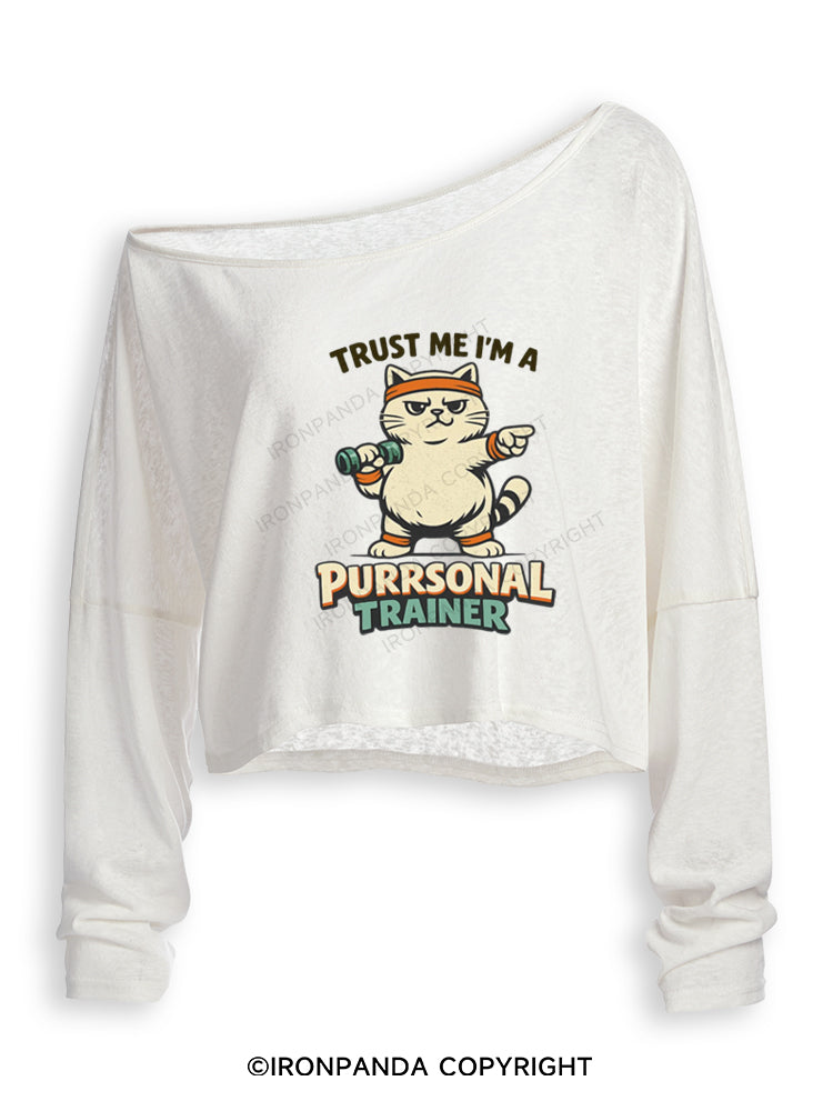 TRUST ME I'M A PURRSONAL TRAINER Off Shoulder Long Sleeve Crop Top