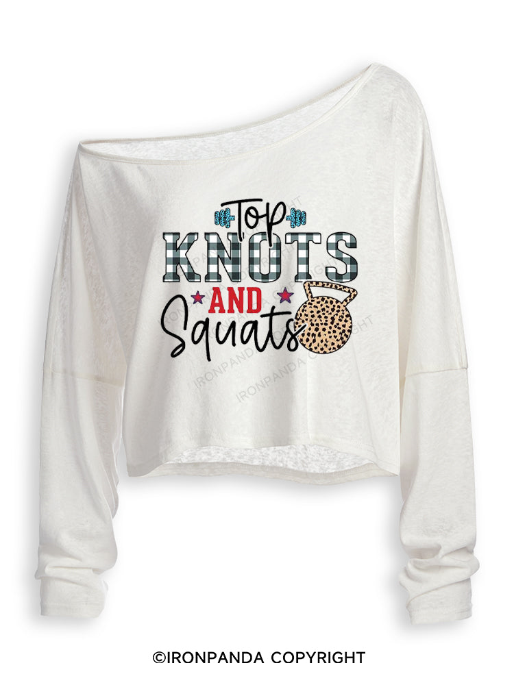 TOP KNOTS AND SQUATS FUNNY GYM Off Shoulder Long Sleeve Crop Top