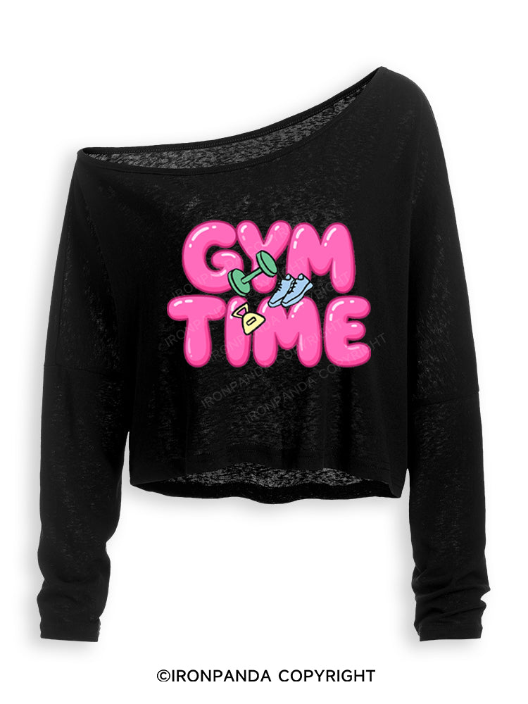 Gym Time Pink Bubble Off Shoulder Long Sleeve Crop Top