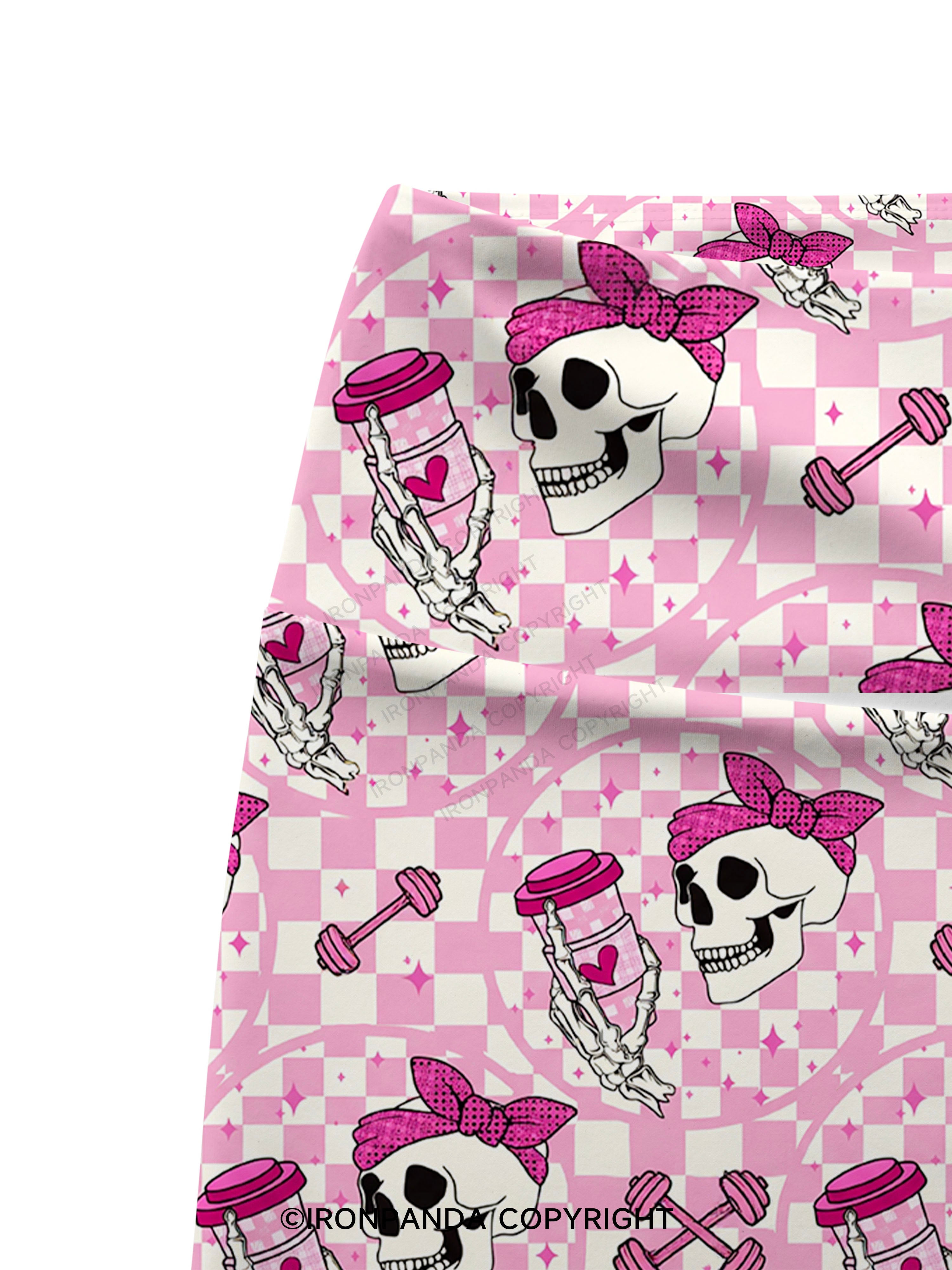 Pink Check Gym Skull Printed Yoga Cycling Shorts