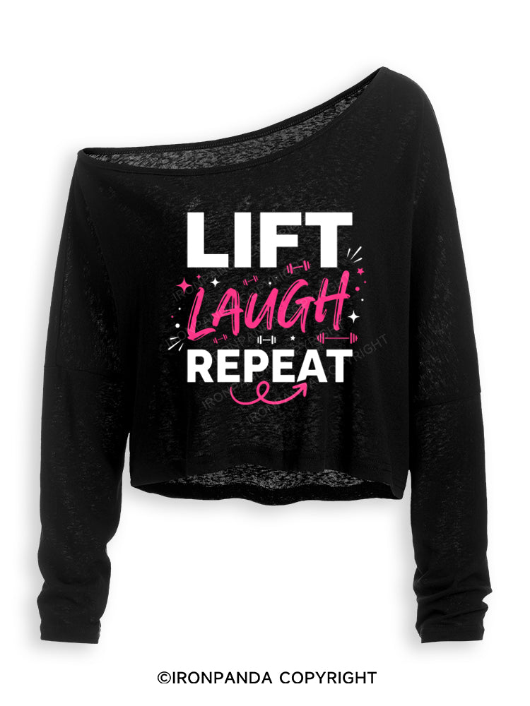 Lift Laugh Repeat Off Shoulder Long Sleeve Crop Top