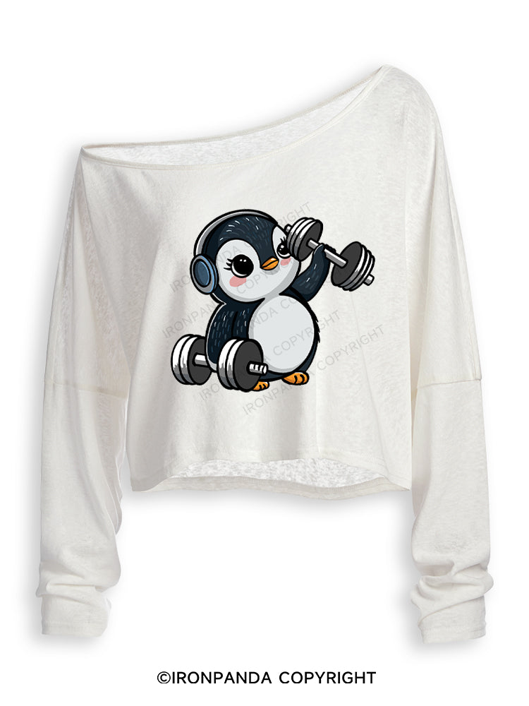 DUMBBELL PENGUIN Off Shoulder Long Sleeve Crop Top