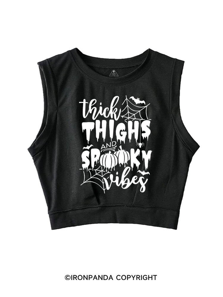 THICK THIGHS AND SPOOKY VIBES PUMPKIN HALLOWEEN SLEEVELESS CROP TOPS
