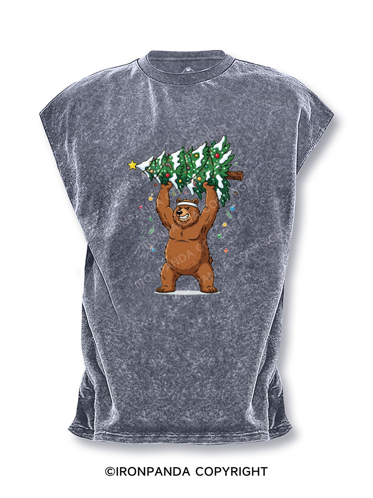 Strong Grizzly Bear Lifting Christmas Tree Cut Off Tank