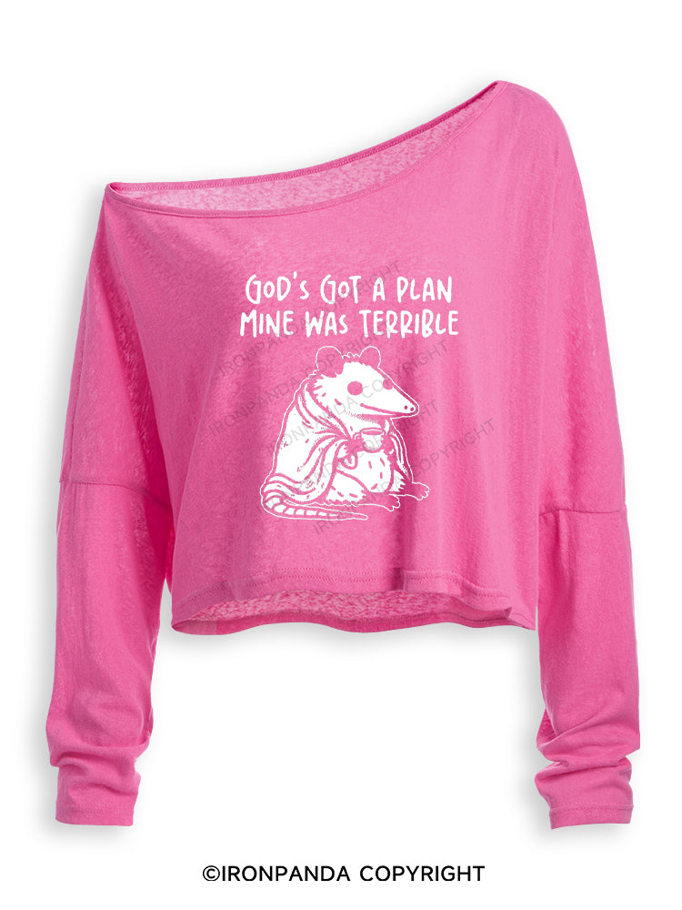 God's Got a Plan Mine Was Terrible Funny Opossum Off Shoulder Long Sleeve Crop Top