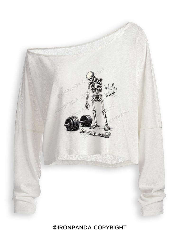 Well Shit Skeleton Weightlifting Off Shoulder Long Sleeve Crop Top