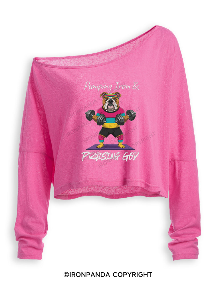 Pumping Iron and Praising God Off Shoulder Long Sleeve Crop Top