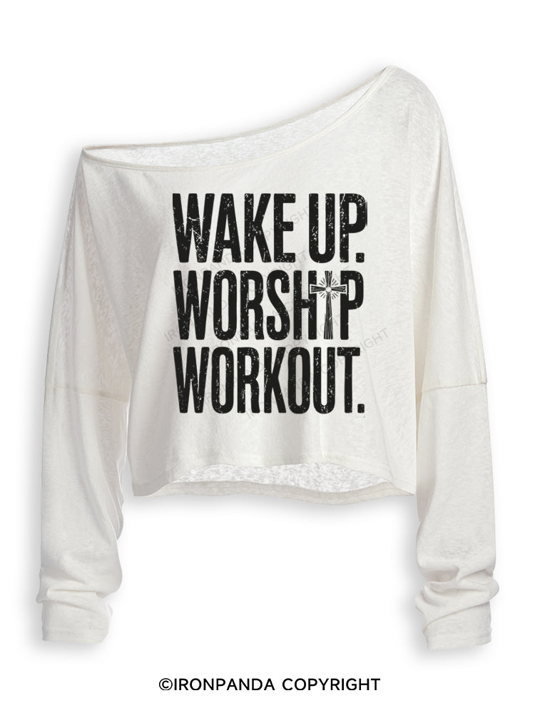 WAKE UP WORSHIP WORKOUT JESUS Off Shoulder Long Sleeve Crop Top