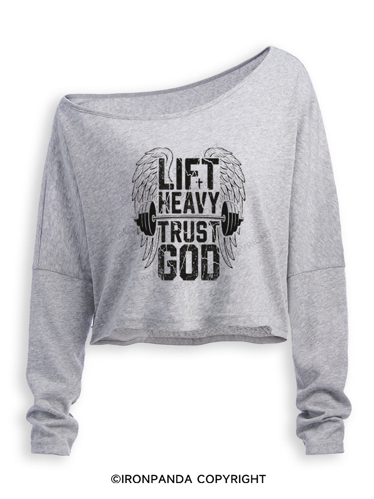 LIFT HEAVY TRUST GOD Off Shoulder Long Sleeve Crop Top