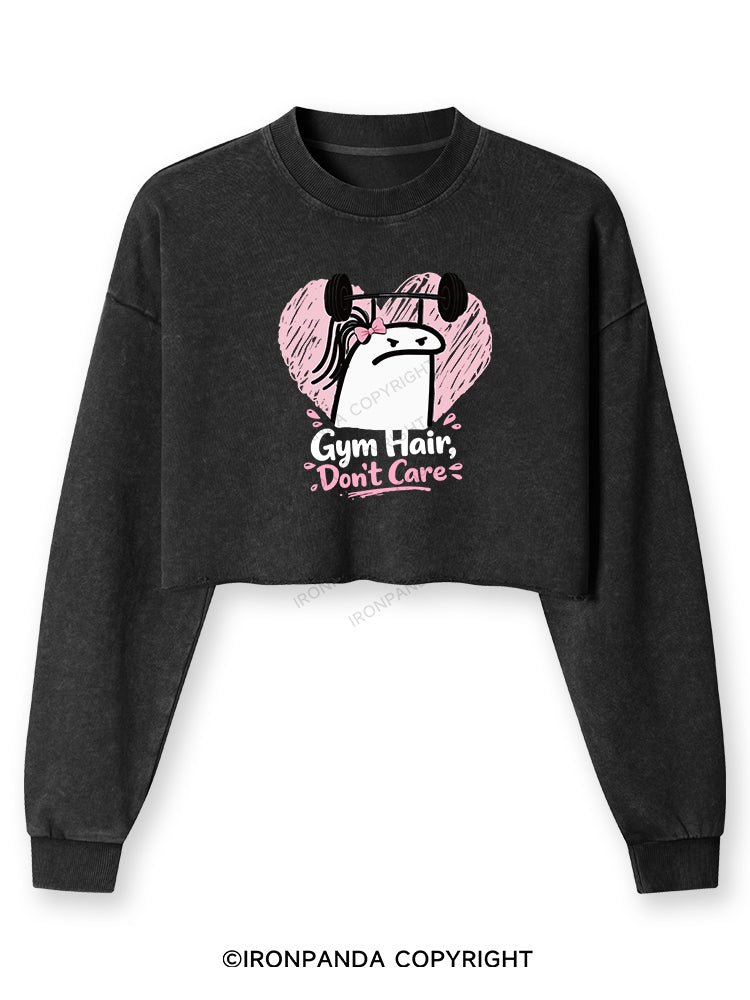 Gym Hair Don't Care Funny Gym Washed Long-Sleeve Crop Top