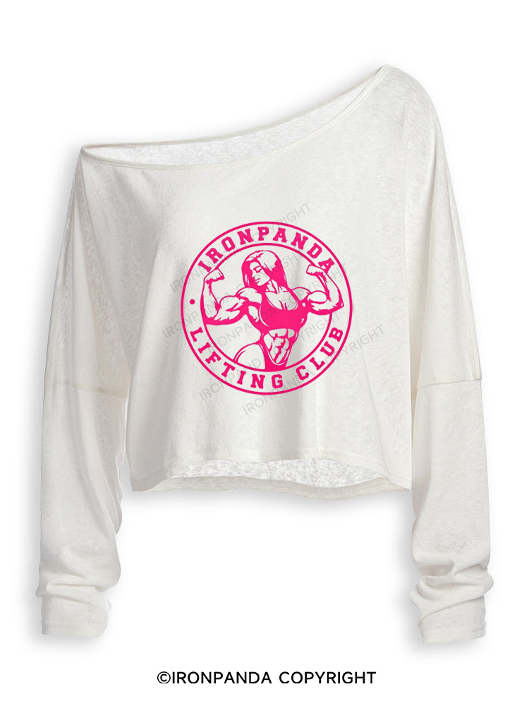 IRONPANDA LIFTING CLUB Off Shoulder Long Sleeve Crop Top