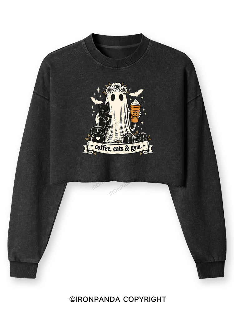 COFFEE, CATS & GYM HAPPY HALLOWEEN Washed Long-Sleeve Crop Top