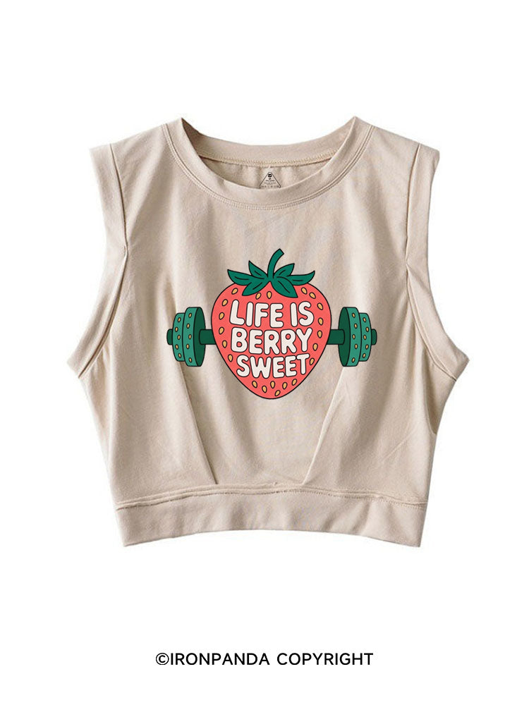 LIFE IS BERRY STRONG STRAWBERRY SLEEVELESS CROP TOPS