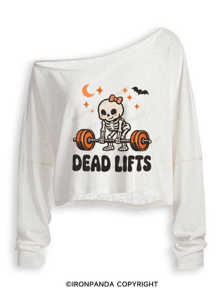 DEAD LIFTS SKELETON HALLOWEEN Off Shoulder Long Sleeve Crop Top