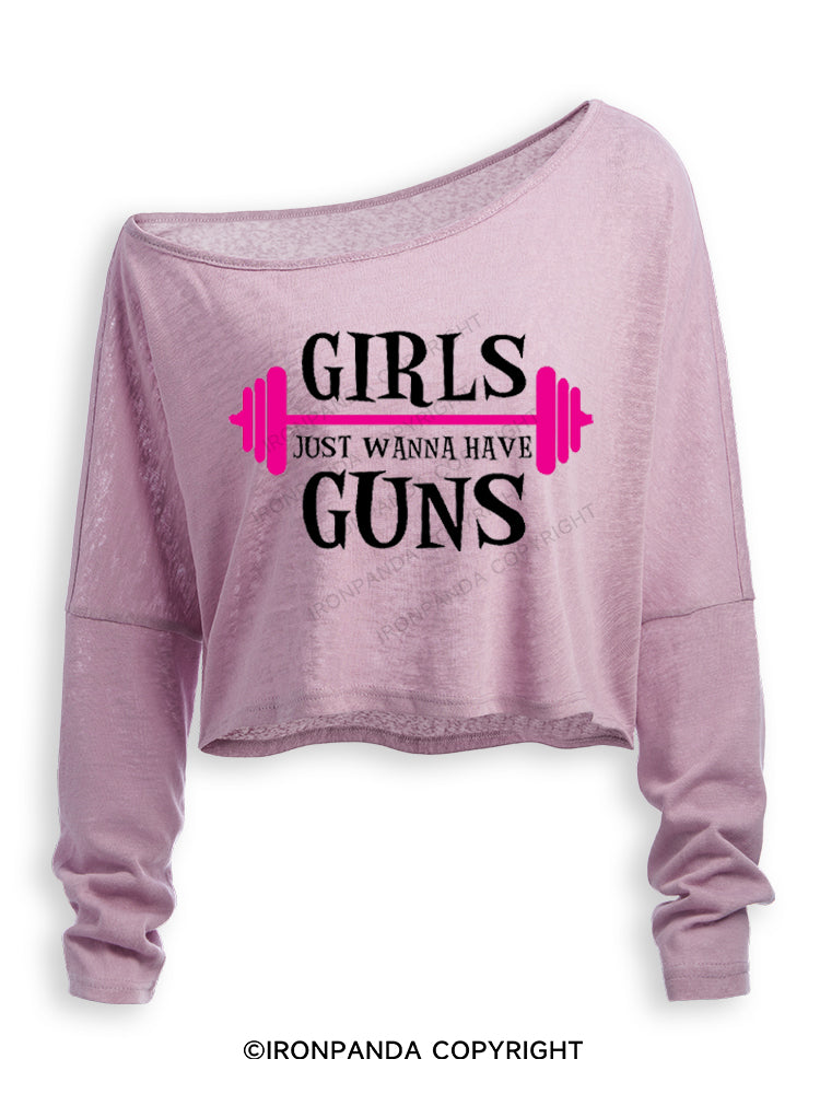 girls just wanna have guns girls bodybuilding Off Shoulder Long Sleeve Crop Top